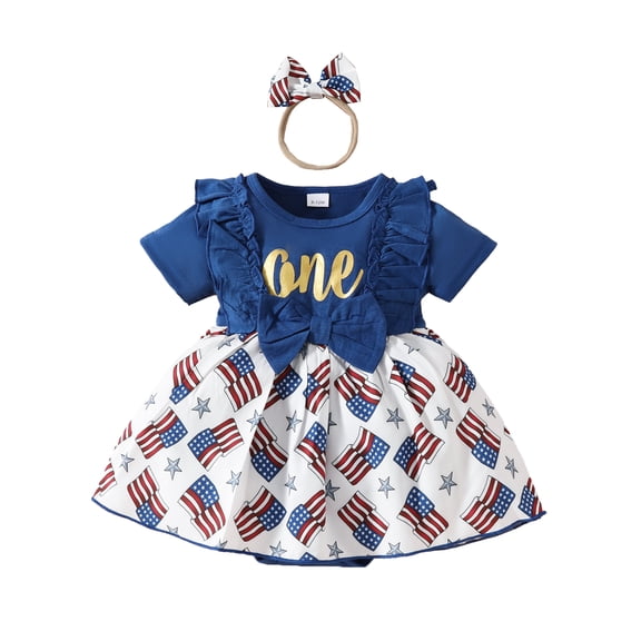 Musuos Infant Girl 4th for July Outfit, 9M 12M 18M Short Sleeve Flags Letters Print Romper Dress with Bowknot Headband Summer Set