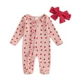 thumbnail image 1 of Musuos Infant Girl Valentine's Day Jumpsuit with Bow Headband 3 6 12 18M Long Sleeve Ruffled Heart Print Zip Up Romper, 1 of 10