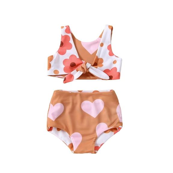 Musuos Infant Girlacute;s Summer Swimsuit, 6 12 18 24M Flower  Heart Print V-Neck Front Knotted Vest + High Waist Shorts