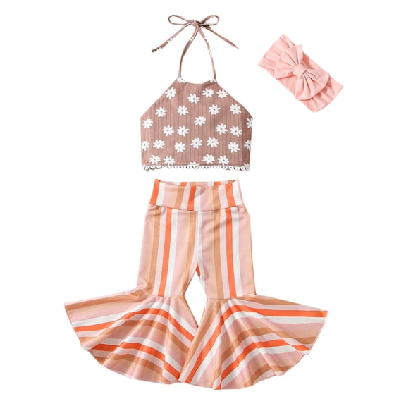 Musuos KId Girl Casual Summer Clothes Set , 1-6T Floral Print Halter Vest   Striped Print Flare Pants   Bow Headband