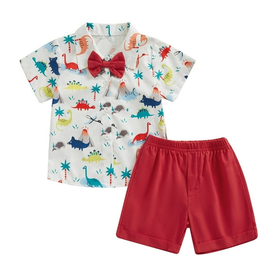 Musuos Kid Boys 2 Piece Set 6 12 18 24M 3 4Y Short Sleeve Dinosaur Print Shirts with Bowtie + Elastic Waist Shorts Toddler Baby Summer Outfits