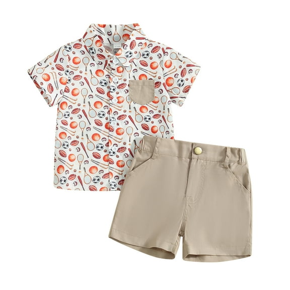 Musuos Kid Boys Summer Gentleman Outfits 1-5 Years Ball Print Buttons Short Sleeve Shirts Tops and Bottons Shorts 2Pcs Clothes Set