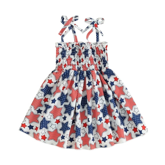 Musuos Kid Girl 4th of July Dress, Star Print Sleeveless Spaghetti Strap A-Line Dress Summer Clothes for Toddler, 1-5 Years