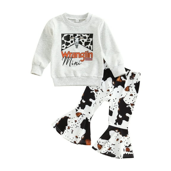 Musuos Kid Girl Autumn Clothes Set, 12 18 24M 3 4 5 6T Letter Print Long Sleeve Round Neck Pullover + Cow Spot Print Flare Trousers