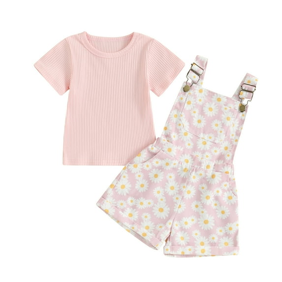 Musuos Kid Girl Summer Outfit 12 18 24M 3 4 5T Solid Color Ribbed Short Sleeve Crew Neck T-Shirt with Daisy Print Overall Shorts Set