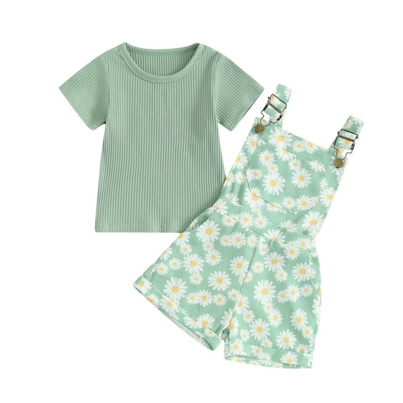 Musuos Kid Girl Summer Outfit 12 18 24M 3 4 5T Solid Color Ribbed Short Sleeve Crew Neck T-Shirt with Daisy Print Overall Shorts Set