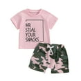 thumbnail image 1 of Musuos Kid Girls Casual 2 Piece Outfit 6Months-5 Years Letter Print Short Sleeve T-Shirt and Elastic Camouflage Shorts Summer Clothes Set, 1 of 10