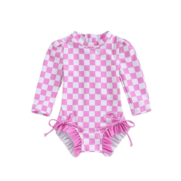 Musuos Kid Girls One-pieses Beach Swimwear 6 12 18 24M 3 4Y Long Sleeve Checkerboard Print Ruffle Zipper Romper Bathing Suit