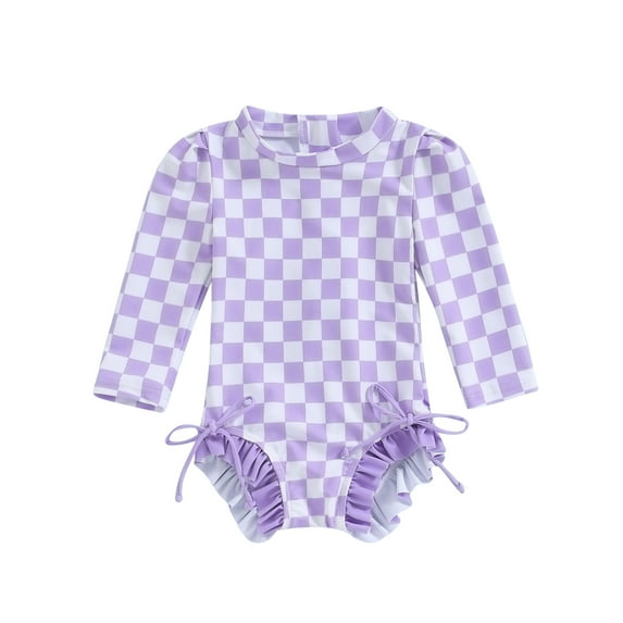 Musuos Kid Girls One-pieses Beach Swimwear 6 12 18 24M 3 4Y Long Sleeve Checkerboard Print Ruffle Zipper Romper Bathing Suit