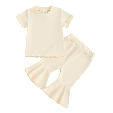 Musuos Kid Girls Pants Set, 6 12 18 24M 3 4Y Short Sleeve Crew Neck T-shirt with Flare Pants Solid Color Summer Outfit for Toddler