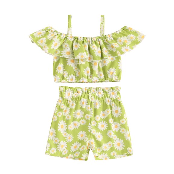 Musuos Kid Girls Summer 2PCS Shorts Sets 6M 12M 18M 24M 3Y 4Y Short Sleeve Off Shoulder Daisy Print Cami Tops Elastic Waist Shorts Sets