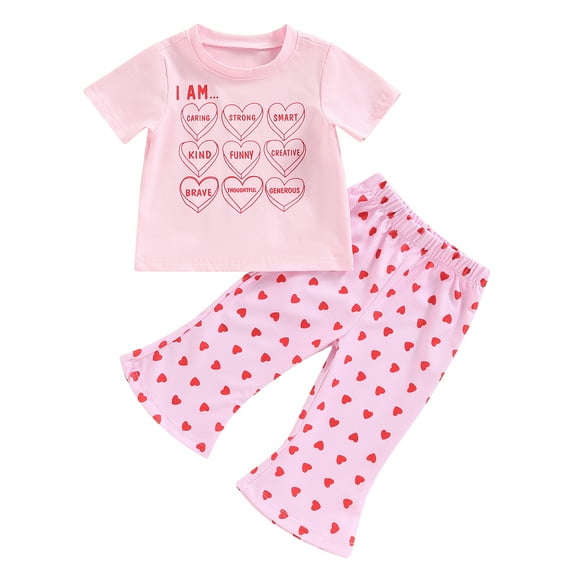 Musuos Kid Girls Sweet Style Clothes, 6M 12M 24M 3Y 4Y 5Y Pink Short Sleeve Letters Print T-shirt with Heart Print Flare Pants Summer Outfit