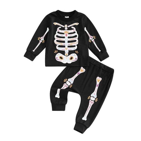 Musuos Kids 2Pcs Halloween Outfits Long Sleeve Skeleton Print Tops   Pants Set Toddler Boys Girls Fall Clothes