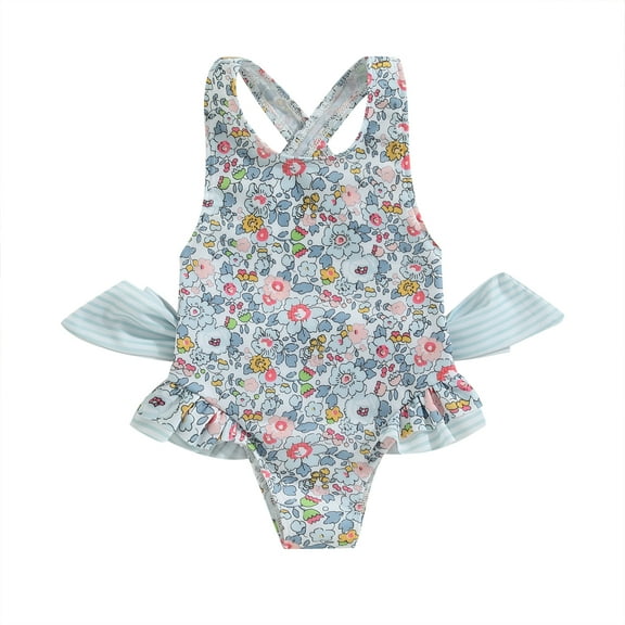 Musuos Kids Baby Girls Summer Swimsuit, 1-6T Sleeveless Cross Backless Floral Print Ruffle Bathing Suit