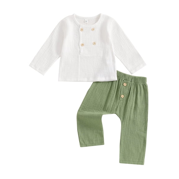Musuos Kids Boy 2Pcs Fall Clothes Set 6M-4T Casual Long Sleeve Button Front Shirt   Pants Spring Cotton and Linen Outfit
