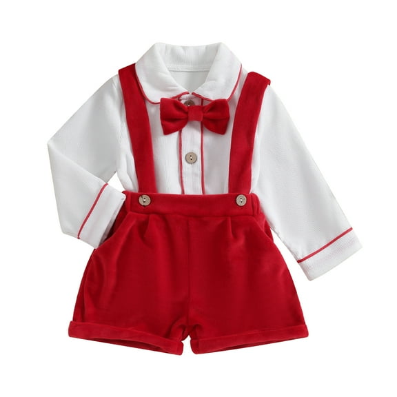 Musuos Kids Boy Christmas Gentleman Set 6Months - 5Years Long Sleeve Lapel Button Shirt with Bowtie  Red Suspender Shorts