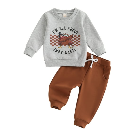 Musuos Kids Boys 2PCS Thanksgiving Outfit 6M-4T Long Sleeve Round Neck Letter Turkey Print Tops Drawstring Pants Sets Toddler Fall Clothes