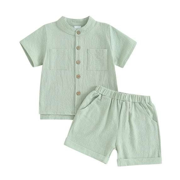 Musuos Kids Boys Summer Linen Outfits 6Months-5 Years Solid Color Short Sleeve Shirt and Elastic Waist Shorts 2Pcs Casual Toddler Set