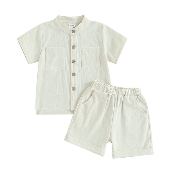 Musuos Kids Boys Summer Linen Outfits 6Months-5 Years Solid Color Short Sleeve Shirt and Elastic Waist Shorts 2Pcs Casual Toddler Set