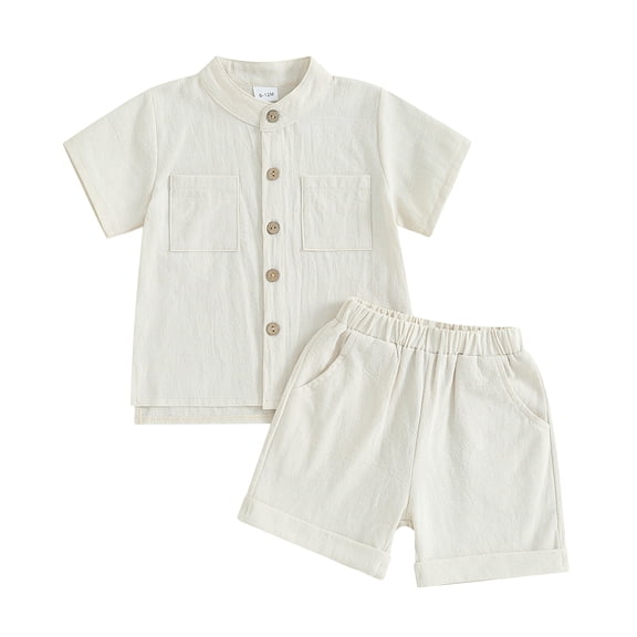 Musuos Kids Boys Summer Linen Outfits 6Months-5 Years Solid Color Short Sleeve Shirt and Elastic Waist Shorts 2Pcs Casual Toddler Set