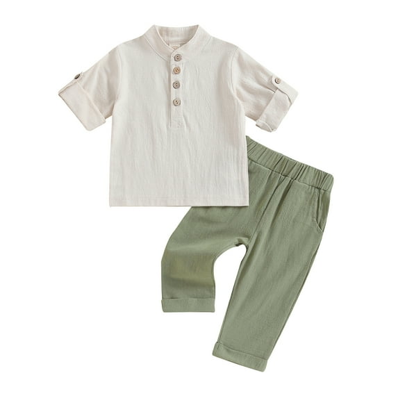 Musuos Kids Boys Summer Outfits 6M 12M 18M 24M 3Y 4Y Buttons Short Sleeve Shirts and Elastic Waist Long Pants 2Pcs Clothes Set