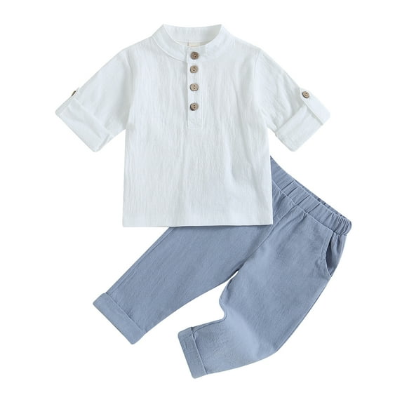 Musuos Kids Boys Summer Outfits 6M 12M 18M 24M 3Y 4Y Buttons Short Sleeve Shirts and Elastic Waist Long Pants 2Pcs Clothes Set