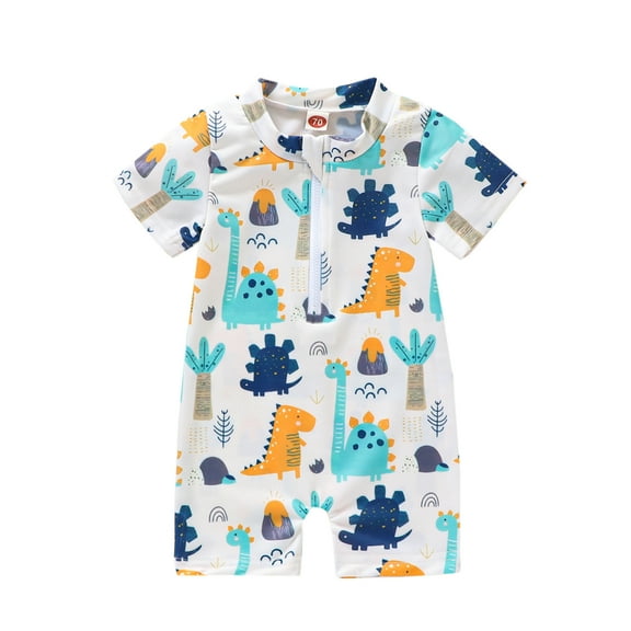 Musuos Kids Boys Summer Swimsuit 0-4T Casual Cartoon Dinosaur Printed Short Sleeve Zipper Jumpsuit Swimwear Beachwear