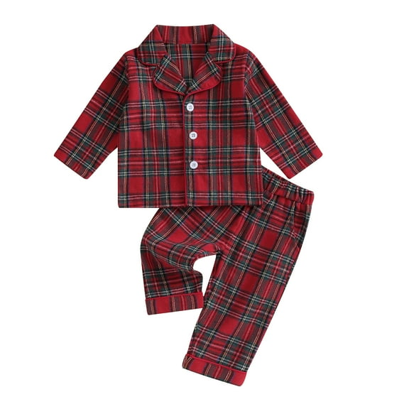 Musuos Kids Christmas Pajamas Set 1-4T Plaid Button up Long Sleeve Shirt and Elastic Pants Loungewear Sleepwear