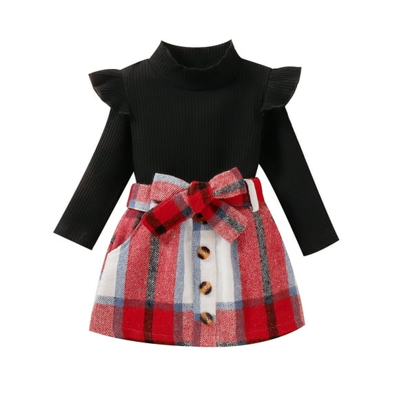 Musuos Kids Girl Autumn Outfit 12 18 24M 3 4T Ruffle Long Sleeves Turtleneck Tops and Casual Plaid A-line Skirt with Belt Set