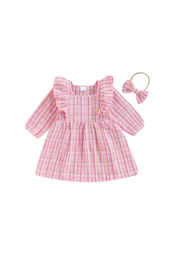 Kids Girl Fall Tweed Dress 1-5Years Square Neck Ruffles Buttons Long Sleeve Casual Dress Toddler Princess Dress with Headband