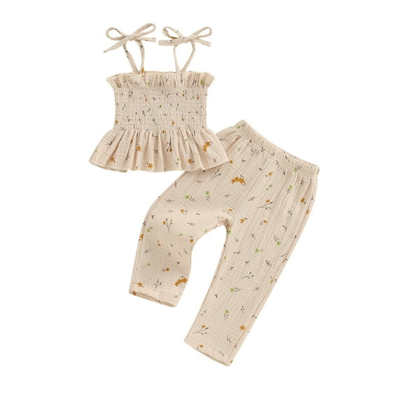 Musuos Kids Girl Summer Clothes Set 9M -6T Lacing Ruffles Pleated Boat Neck Camisole Tops Elastic Waistband Long Pants 2-Piece Outfits