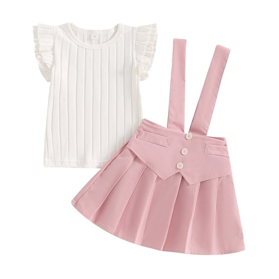 Musuos Kids Girl Summer Fashion Outfits, 3-8 Years Fly Sleeve Round Neck White Ribbed T-Shirt Pleated Suspender Skirt Clothes Set