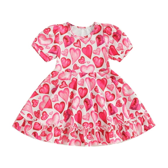 Musuos Kids Girl’s Valentine's Day Dress, Heart Print Short Sleeve Crew Neck Summer Dress, Red
