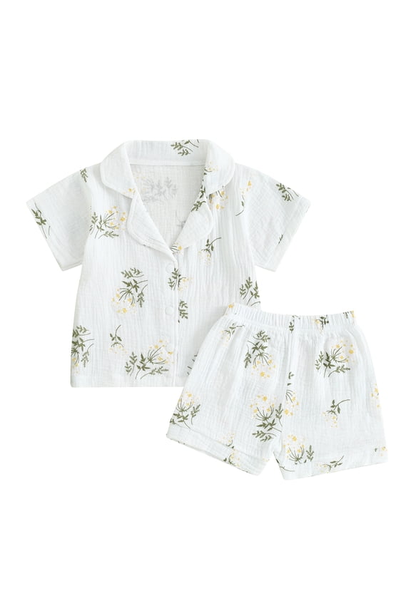 Kids Girls Boys Summer Pajamas Outfits Flower Pattern Short Sleeve Shirts Elastic Waist Shorts 2 Piece Sleepwear Suit, 6Months-6Years