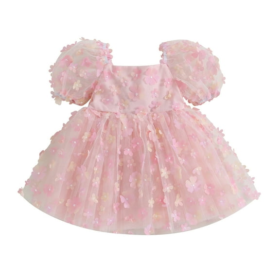 Musuos Kids Girls Princess Dress Sweet Flower Decor Short Puff Sleeve Square Neck Back Bowknot Summer A-line Dress,1-6 Years
