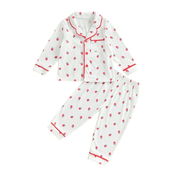Musuos Kids Girls Spring Autumn Pajama Sets 9M-4T Long Sleeve Lapel Strawberry Print Shirt Elastic Pants Set Cute Sleepwear