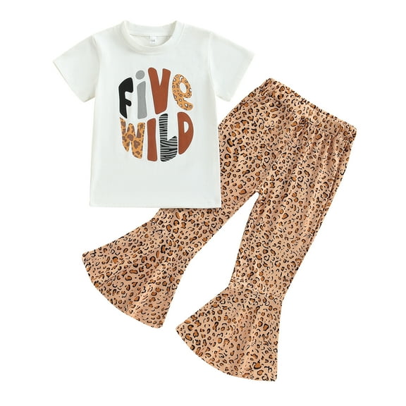 Musuos Kids Girls Summer Outfits 1-6T Letter Print Short Sleeve T-shirt and Casual Leopard Print Flare Pants Headbands Set