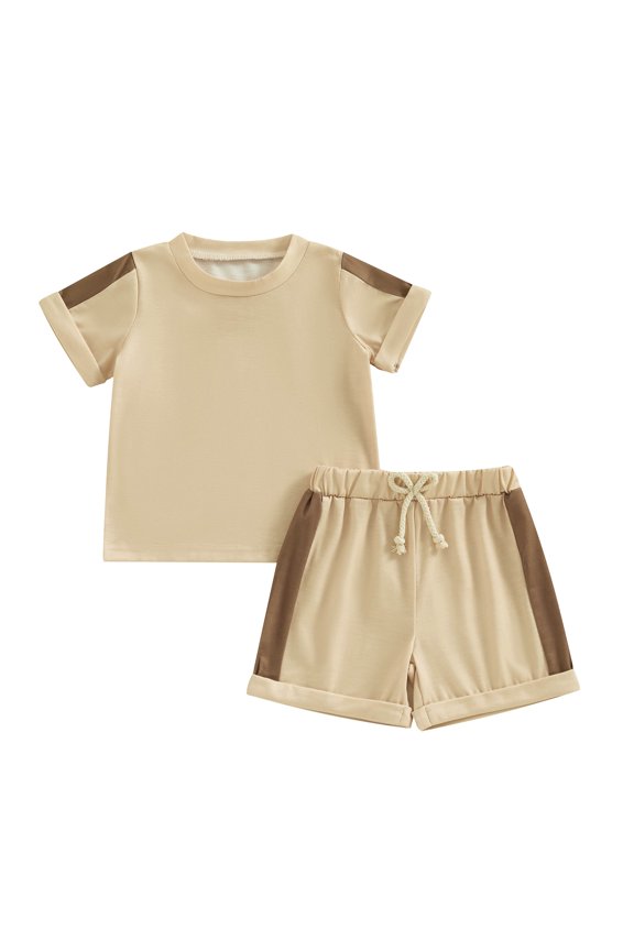 Kids Summer Outfit, 1-5T Contrast Color Short Sleeve Crew Neck T-shirt with Elastic Waist Shorts Clothing Set