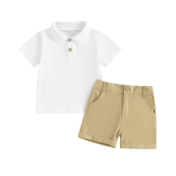 Musuos Little Boy 2 Piece Casual Set, 1-5 Years Lapel Neck Short Sleeve Tops   Elastic Waist Shorts Toddler Summer Outfits