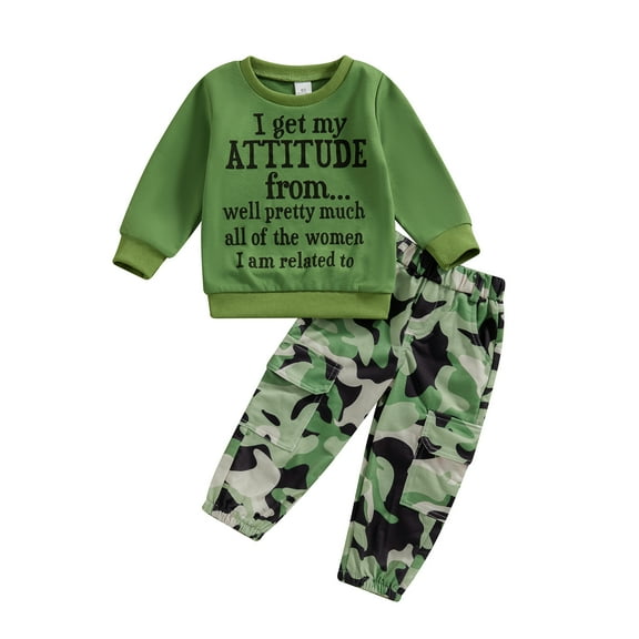 Musuos Little Boy Casual Outfits Set, 1-6T Round Neck Long Sleeve Letter Print Tops + Elastic Waist Camouflage Cargo Pants