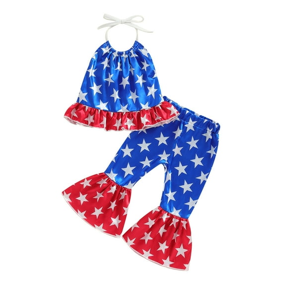 Musuos Little Girl 4th of July Outfit, 1-5 Years Star Print Halter Neck Sleeveless Ruffled Tops Elastic Waist Flare Pants Toddler Summer Set