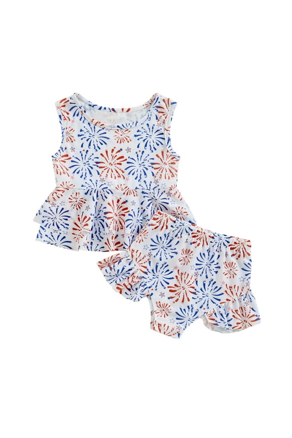 Little Girl 4th of July Swimsuit Outfit, 18Months-6Years Star Print Sleeveless Ruffled Swim Tops Frill Trim Swim Shorts Toddler Bathing Suit