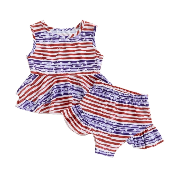 Musuos Little Girl 4th of July Swimsuit Outfit, 18Months-6Years Star Print Sleeveless Ruffled Swim Tops Frill Trim Swim Shorts Toddler Bathing Suit