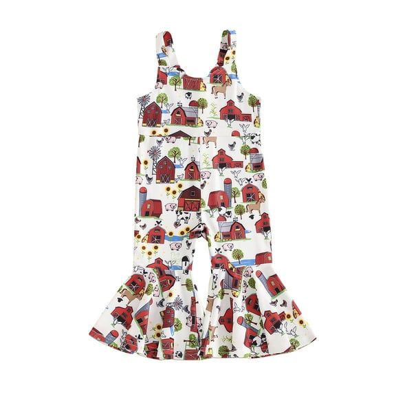 Musuos Little Girl Bell Bottom Jumpsuit 6 12 18 24M 3 4Y Casual Rooster Print Sleeveless Flare Overalls Summer Clothes for Toddler
