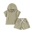 thumbnail image 1 of Musuos Little Girl Boy Waffle Set, 6M 12M18M 24M 3Y 4Y Solid Color Short Sleeve Hooded Tops Elastic Waist Split Hem Shorts Toddler Summer Outfits, 1 of 8