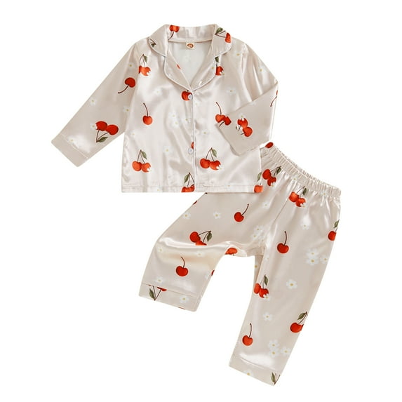 Musuos Little Girl Fall Satin Pajama Set, 1-5 Years Bow Print Long Sleeve Button Down Shirt Elastic Waist Pants Toddler Lounge Outfit