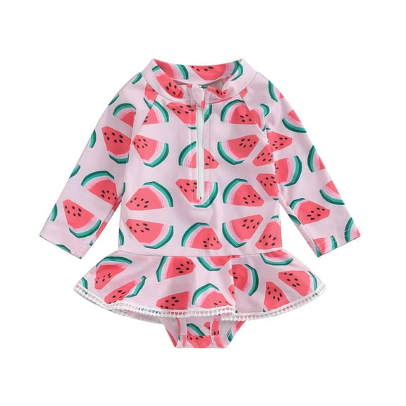 Musuos Little Girl Rash Guard Swimsuits 1-6 Years Summer Watermelon Print Zipper Long Sleeve Swimwear for Toddler Bathing Suits Beachwear