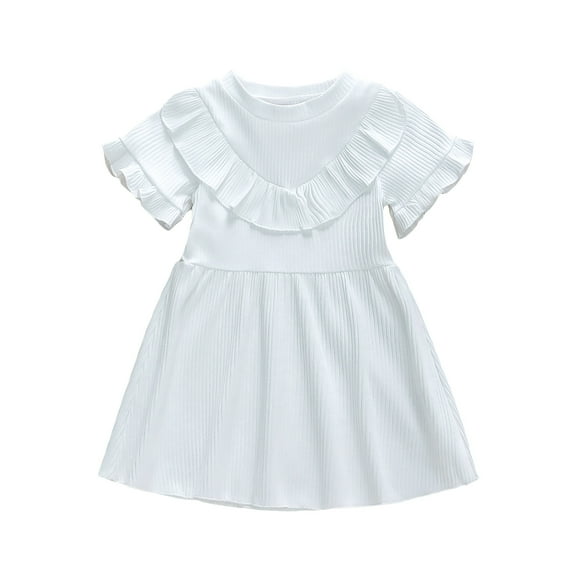 Musuos Little Girl Summer Dress Ruffle Solid Color Short Sleeve Round Neck A-Line Dress