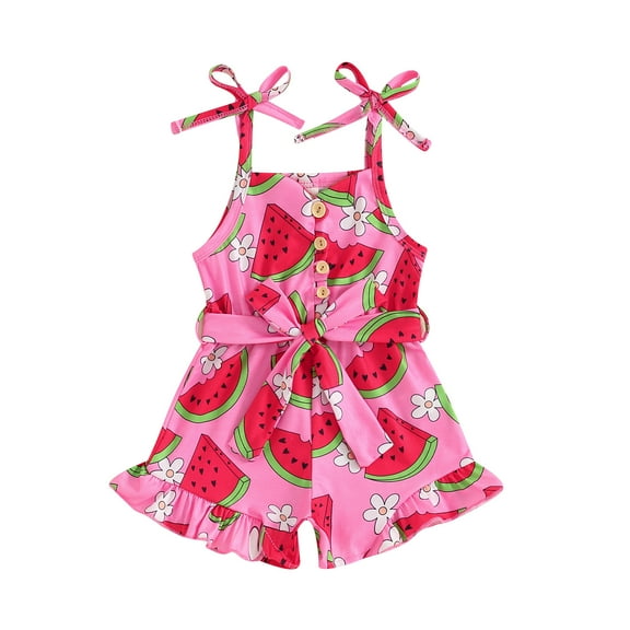 Musuos Little Girl Summer Jumpsuit 1-5 Years Sleeveless Tie Strap Watermelon Print Romper Shorts with Belted Toddler Playsuit