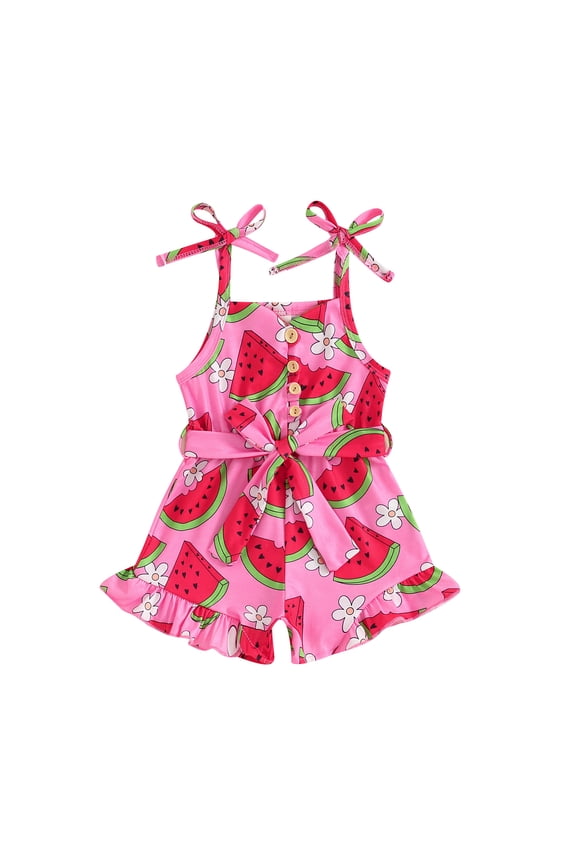 Little Girl Summer Jumpsuit 1-5 Years Sleeveless Tie Strap Watermelon Print Romper Shorts with Belted Toddler Playsuit